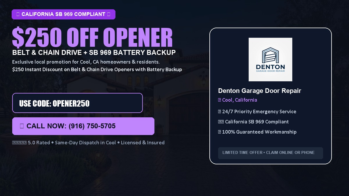 $250 OFF Smart Garage Door Opener Installation (Belt & Chain Drive with California SB 969 Battery Backup) in Cool, CA
